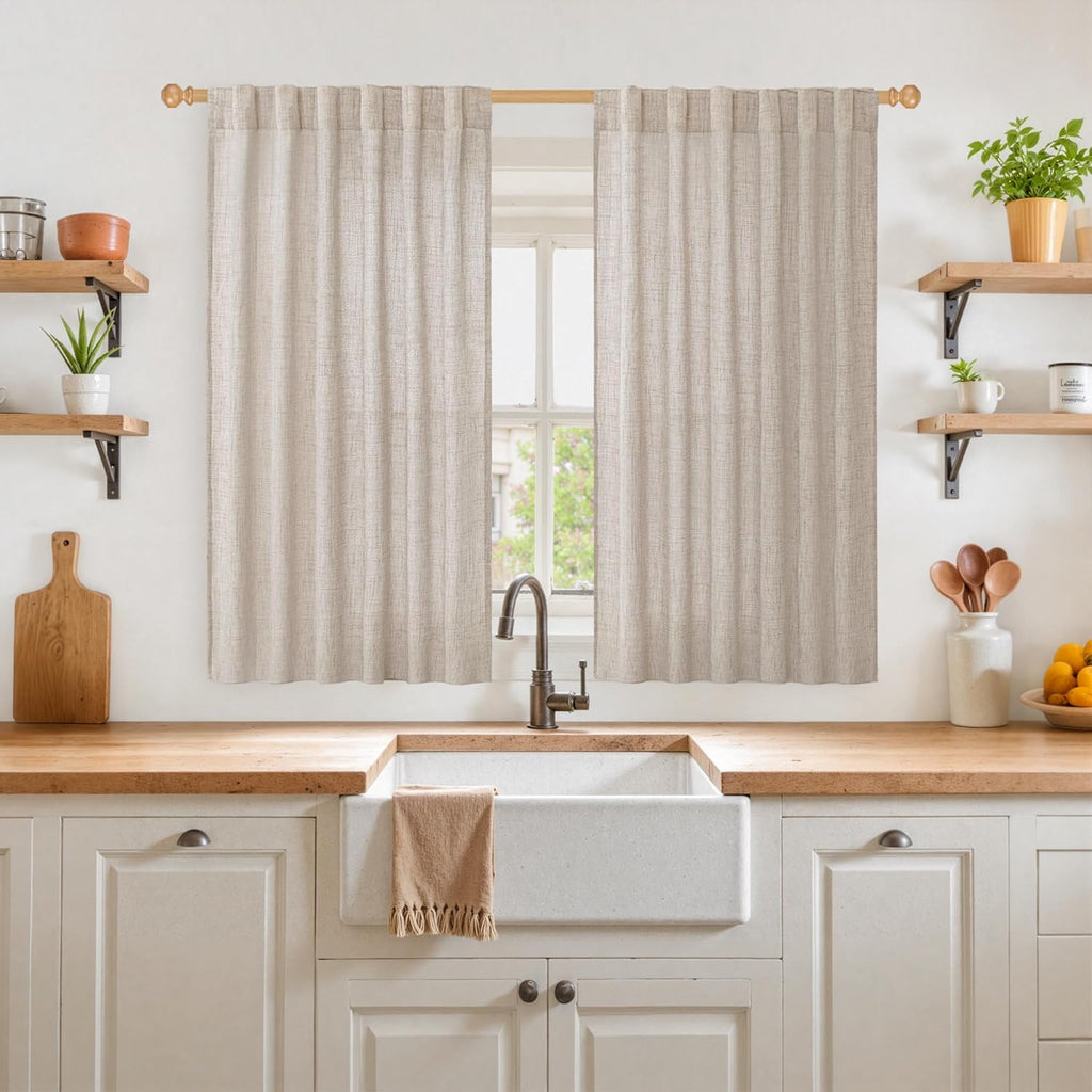 YoungsTex Natural Linen Curtains 45 Inch Length for Kitchen Bathroom Window, Burlap Semi Sheer