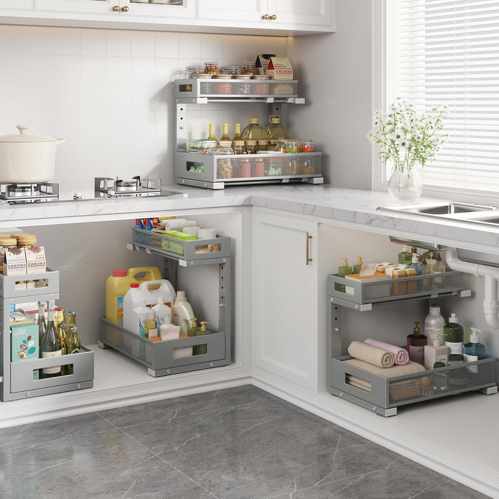 1 Pack-11.4"-16.14" H Under Sink Storage Organizer, Large 2-Tier Elegant Mesh Pull Out Shelf for