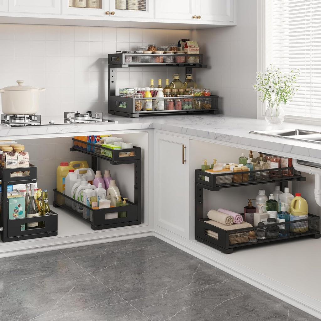 1 Pack 19IN Depth Under Sink Storage Organizer, Large 2-Tier Elegant Mesh Pull Out Shelf for