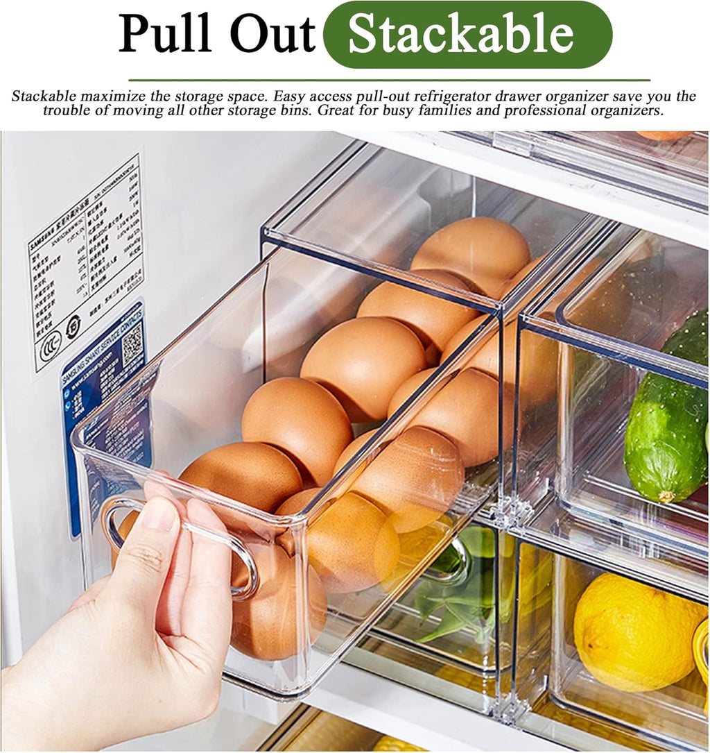2 Pack Fridge Organizers and Storage with Pull out Drawer, Stackable Storage Drawer, Clear
