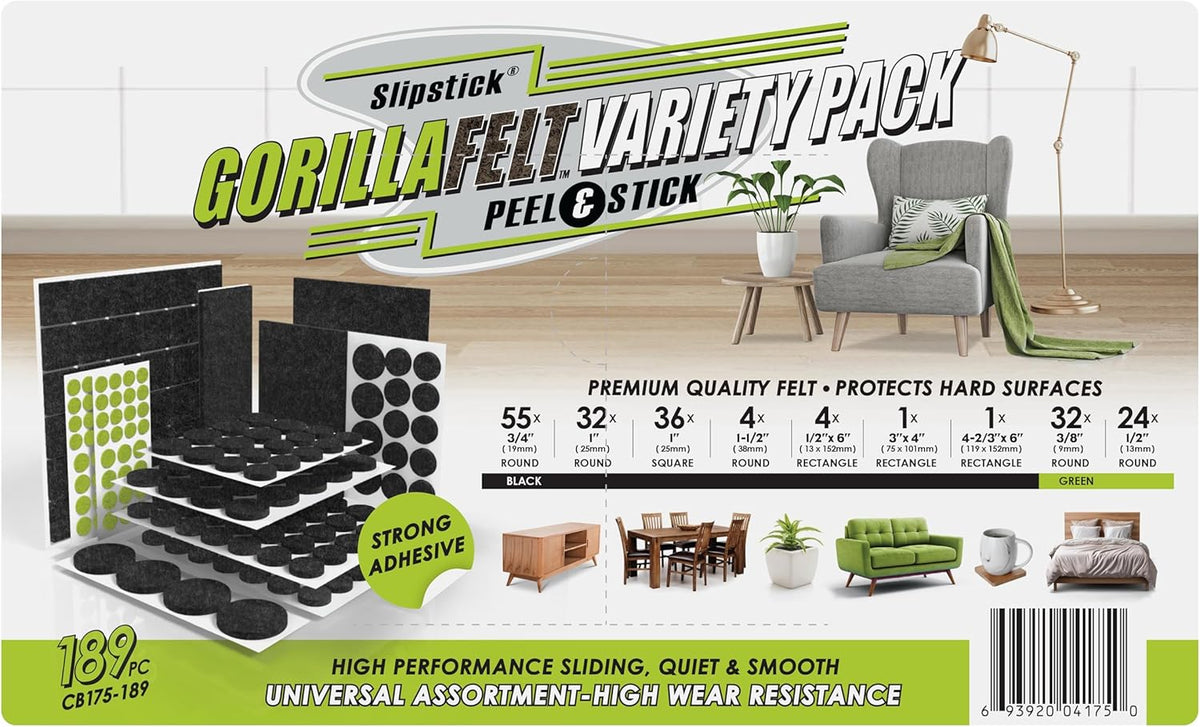 Slipstick Gorilla Felt Furniture Pads (189 Piece Variety Pack) Premium Furniture Pads & Chair Leg