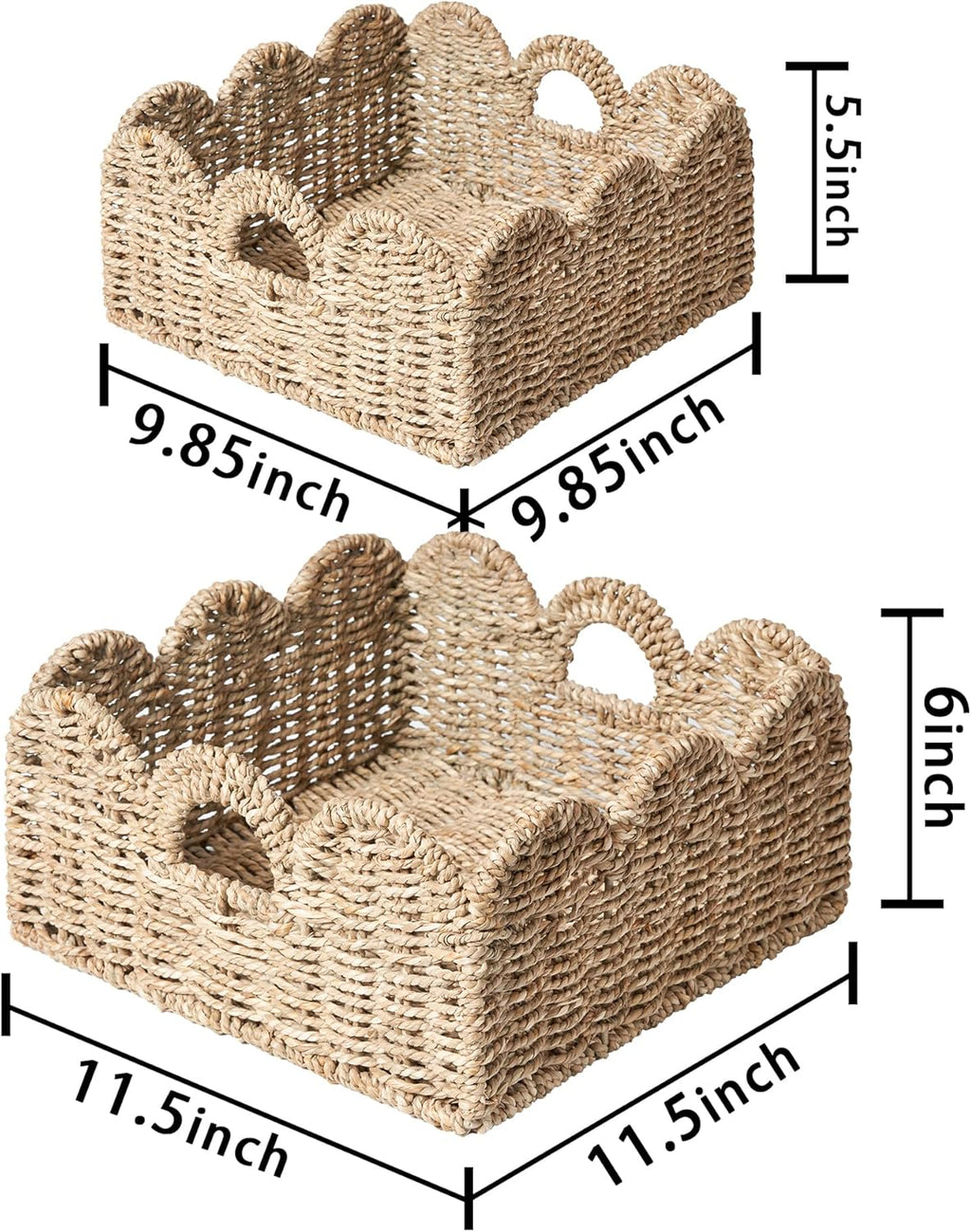 Scalloped Basket 2 Pack Wicker & Rattan Storage with Built-in Handles, Decorative Woven Seagrass