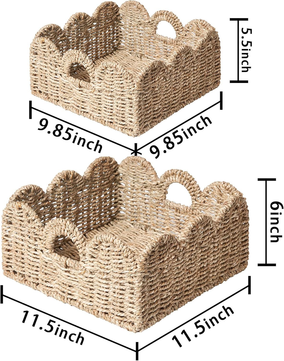 Scalloped Basket 2 Pack Wicker & Rattan Storage with Built-in Handles, Decorative Woven Seagrass