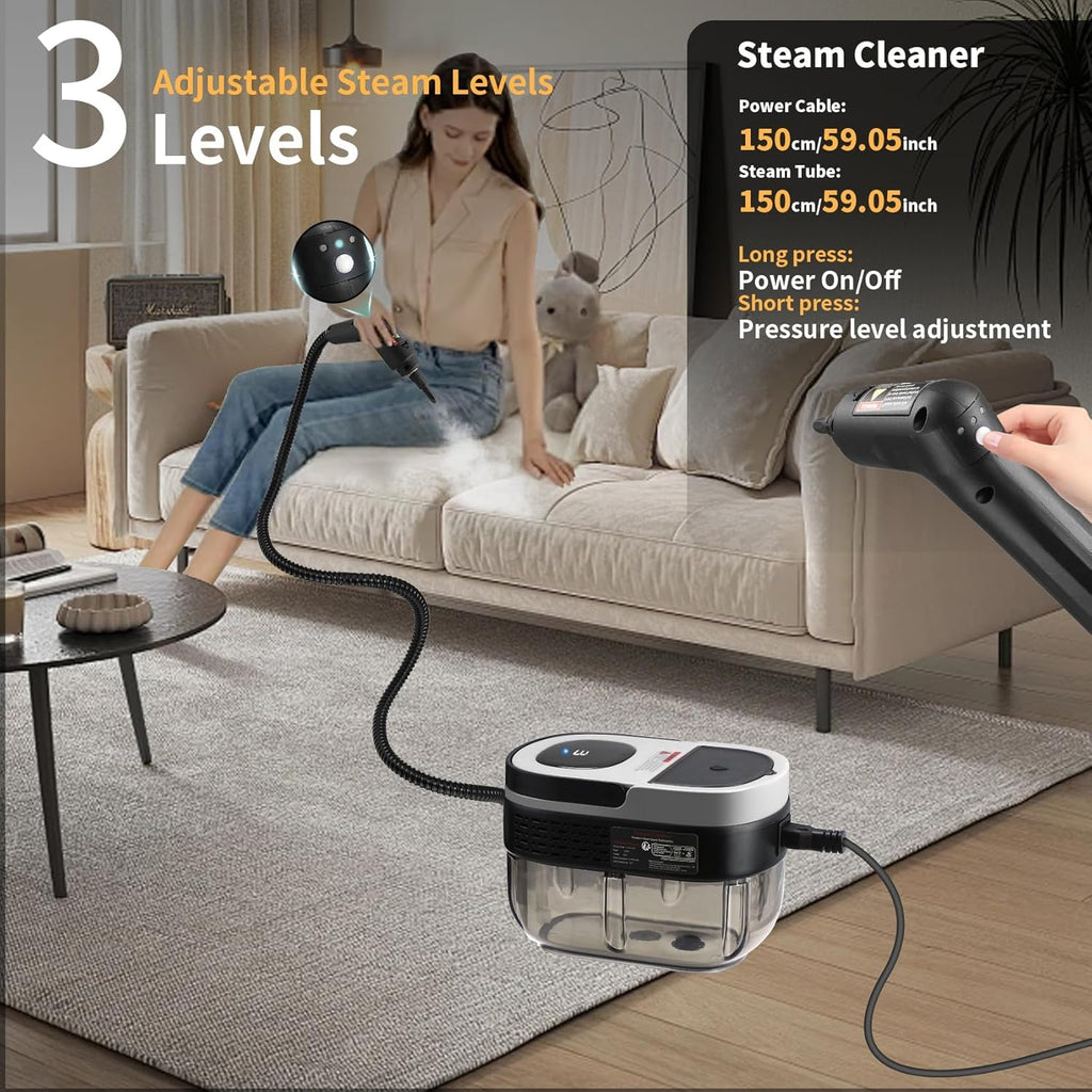 Steam Cleaner, 3-Level Adjustable Handle, 15s Heat-Up, 1.69 Quarts Tank, Portable Steamer for