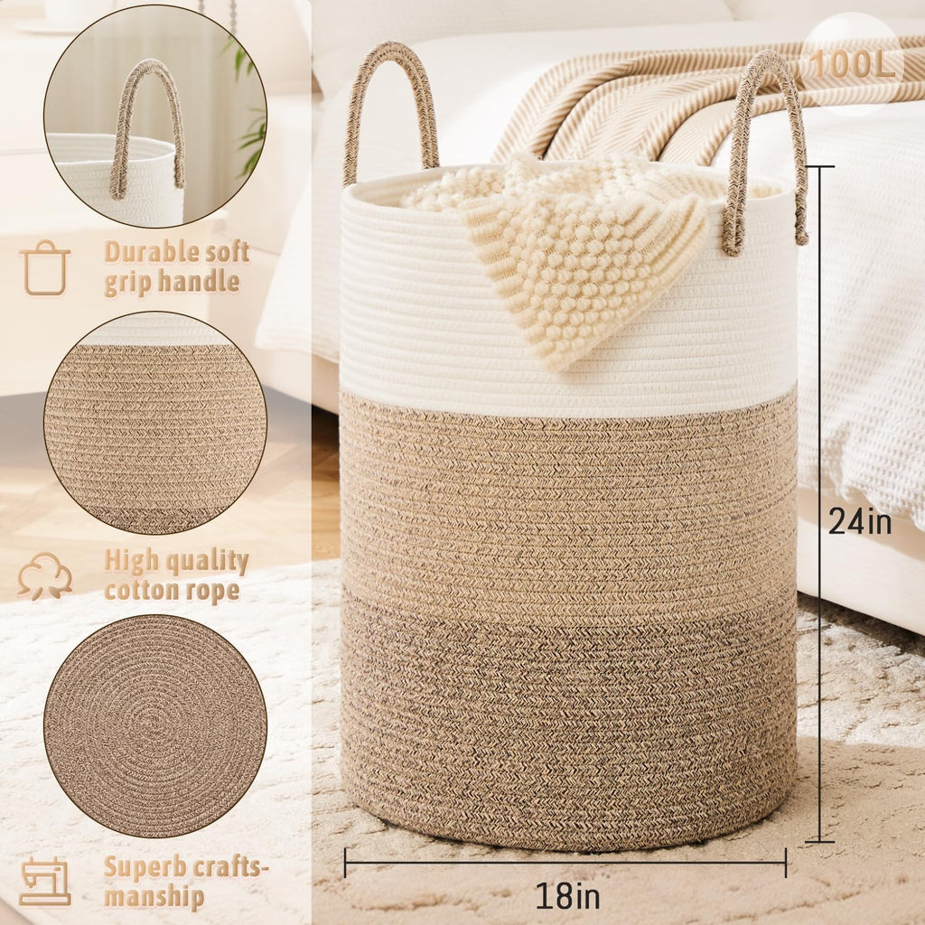 Laundry Basket,Woven Cotton Rope Laundry Hamper,100L for Decorative Storage of Dirty Clothes,Toys