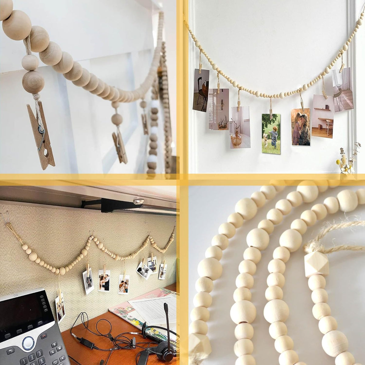 6 Feet Wooden Beads Garland with Clothespins Picture Cards Holder - Country Farmhouse Christmas