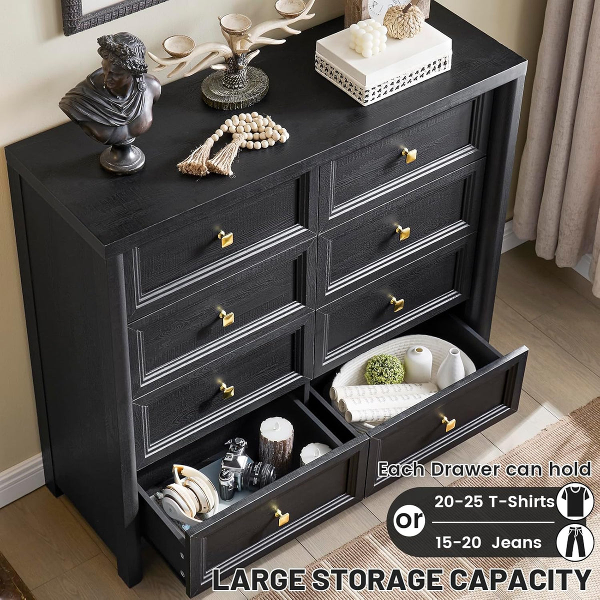 Farmhouse Dresser for Bedroom, 41" Tall Black Dresser with 8 Drawers, Soide Rustic Wood Vintage