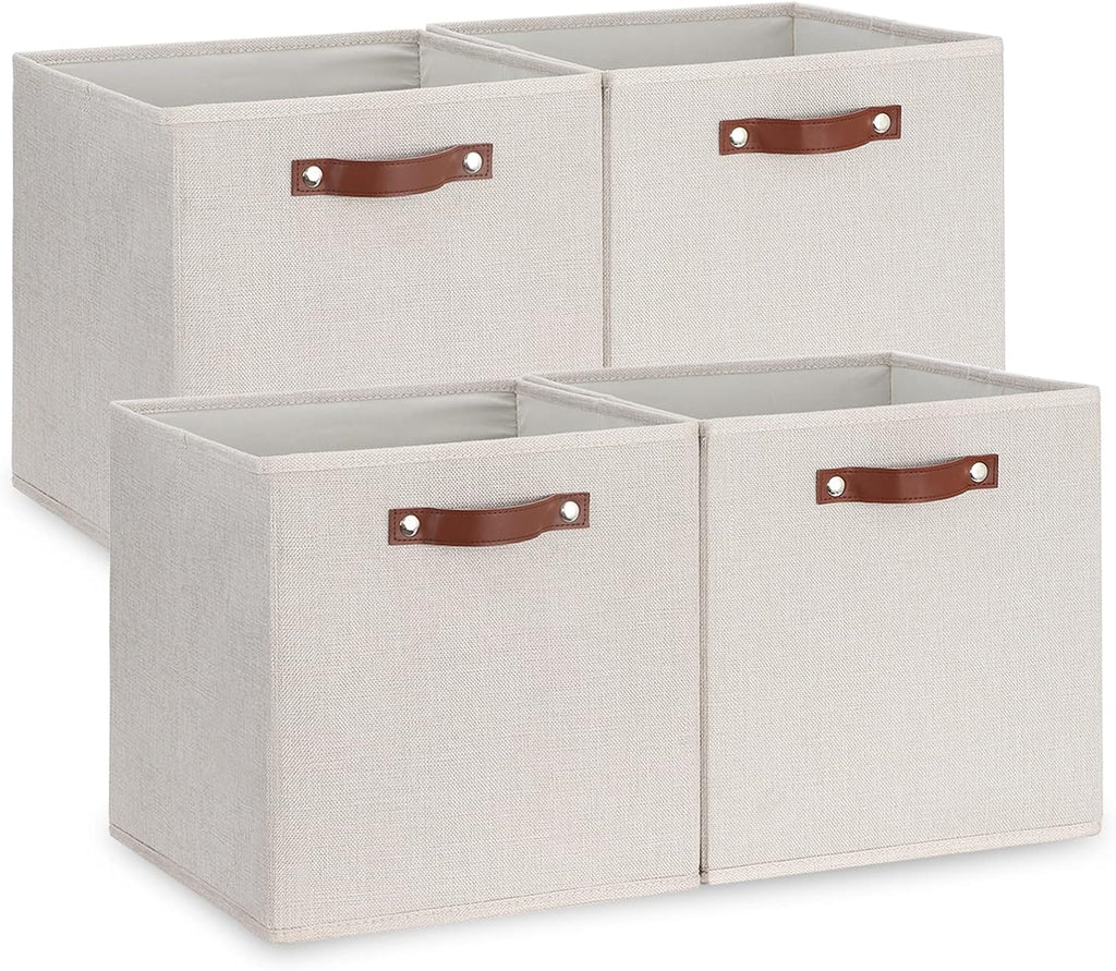 Temary Fabric Storage Cubes Storage Bins with Dual Leather Handles, 4 Pack Cube Baskets 13x13