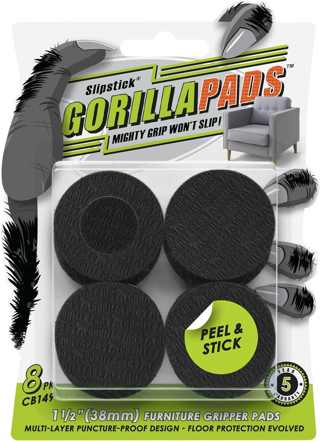 Slipstick GorillaPads CB149 Non-Slip Furniture Pads/Rubber Grippers (Set of 8) Self-Adhesive