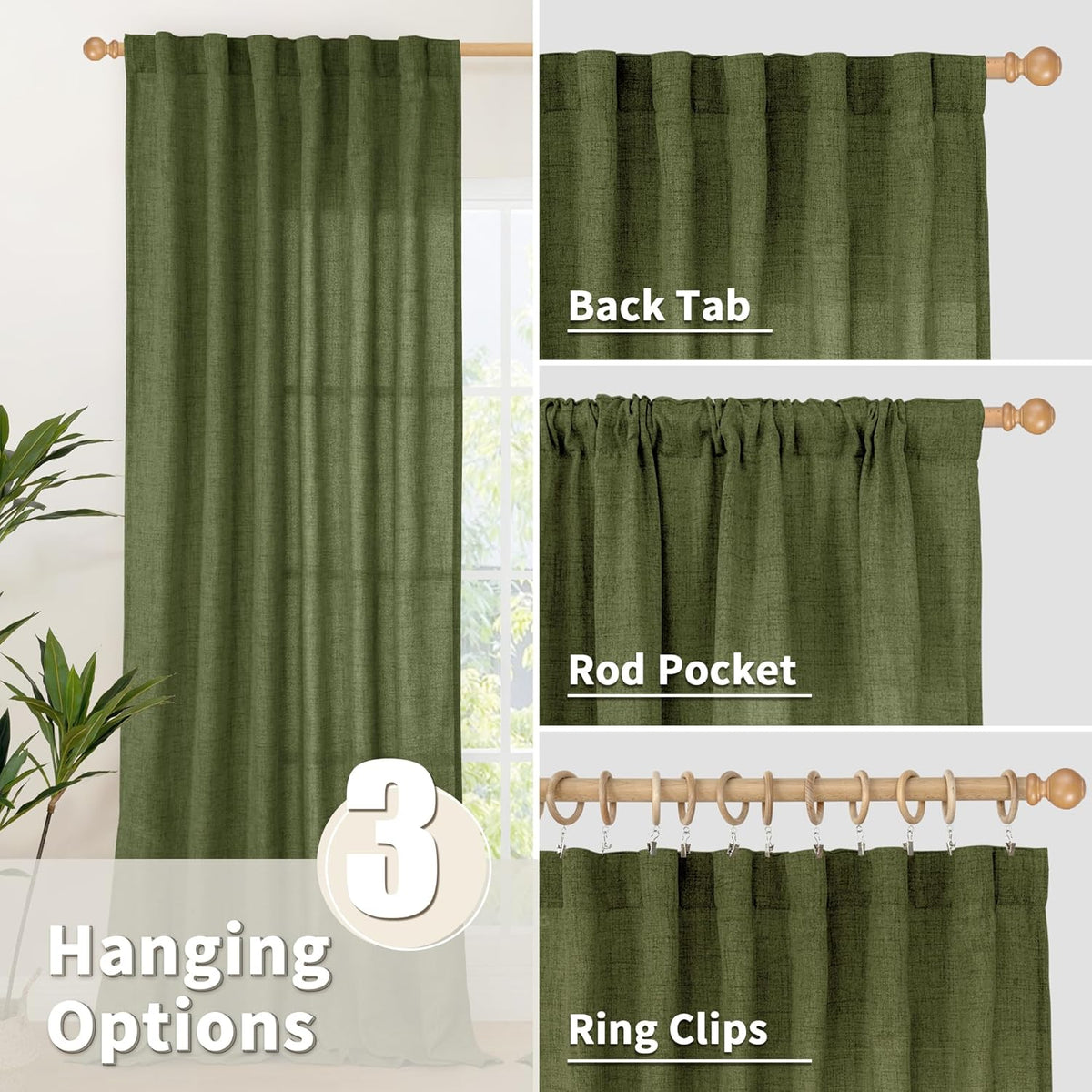 YoungsTex Olive Green Linen Curtains 80 Inch Length for Living Room, Semi Sheer Window Drapes with