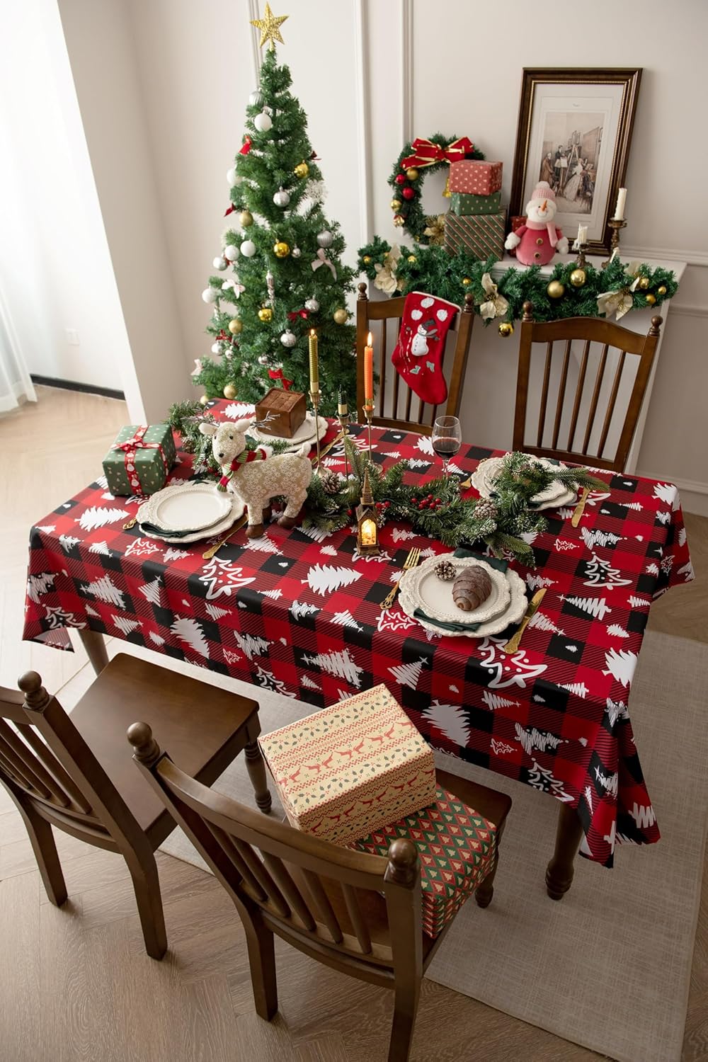 Red Gingham Plaid Christmas Tree Tablecloth - Rectangular 58x102 Inch Water Resistant Table Cloth