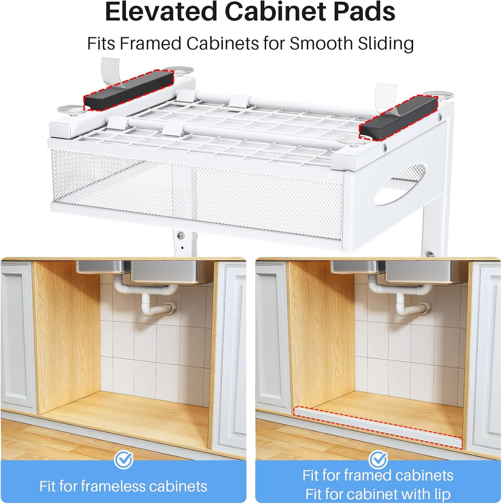 Under Sink Organizer, 2 Tier Pull Out Under Cabinet Organizer Shelf with Pad for Framed Cabinets