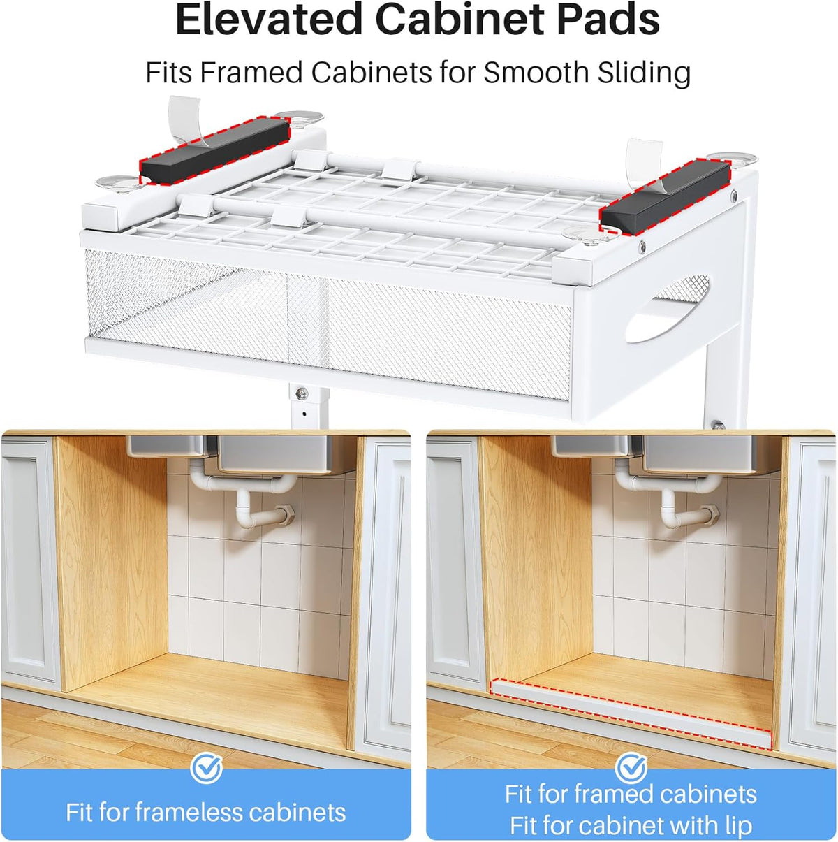 Under Sink Organizer, 2 Pack 2 Tier Pull Out Under Cabinet Organizer Shelf with Pad for Framed