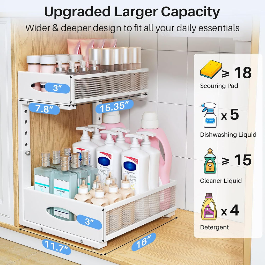 Under Sink Organizer, 2 Pack 2 Tier Pull Out Under Cabinet Organizer Shelf with Pad for Framed
