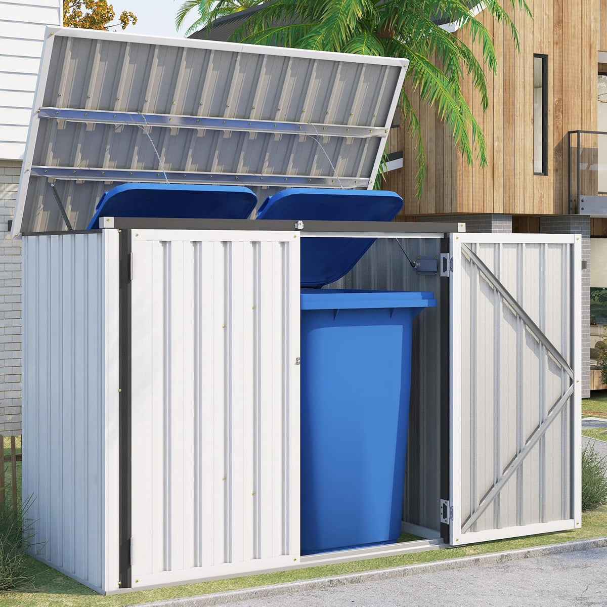 AECOJOY Outdoor Trash Can Storage Shed, 46 Cu.Ft White Trash Can Storage Shed Outdoor Horizontal