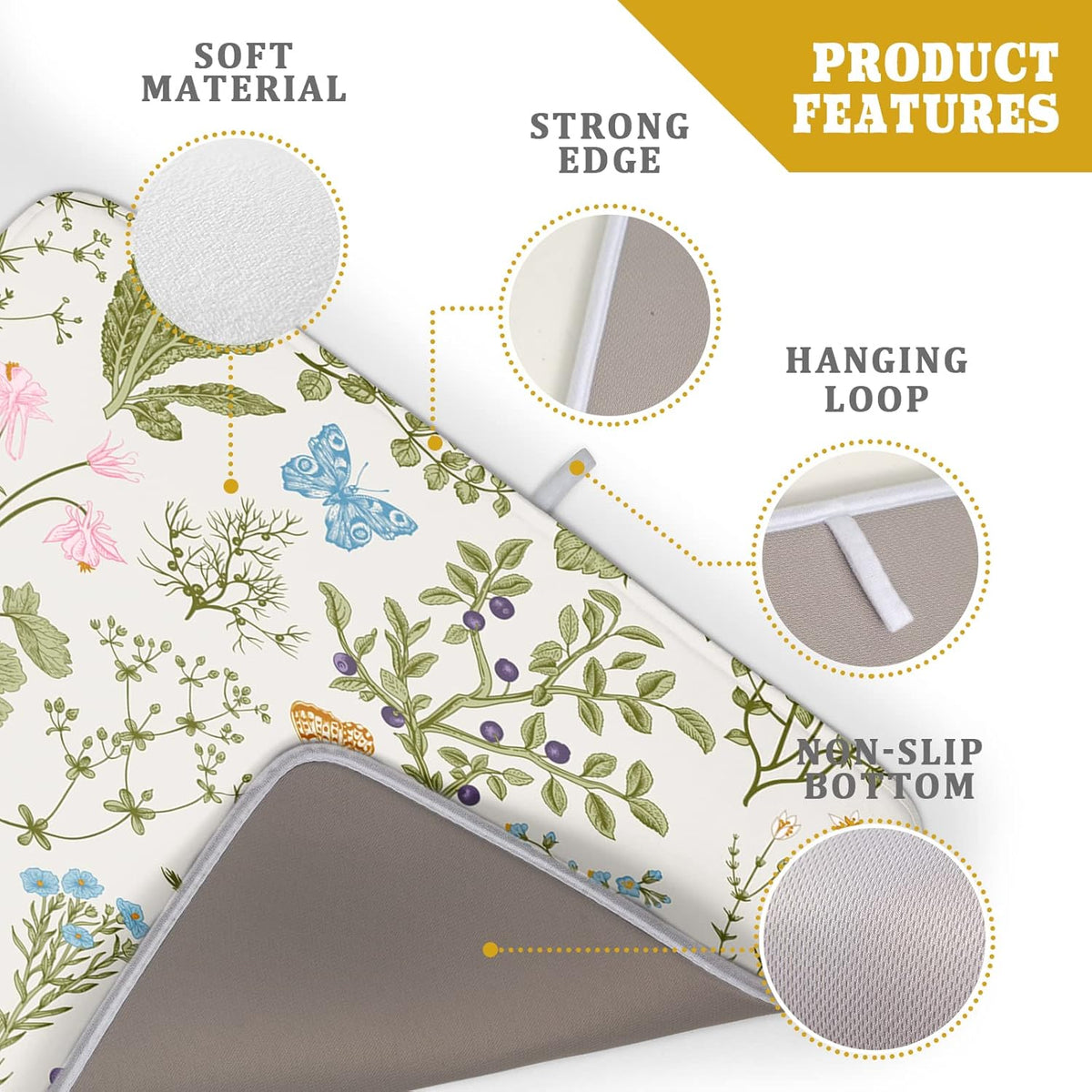 Wild Flowers Herbs Dish Drying Mat for Kitchen Counter Decor 18x24 Inch Vintage Floral Absorbent