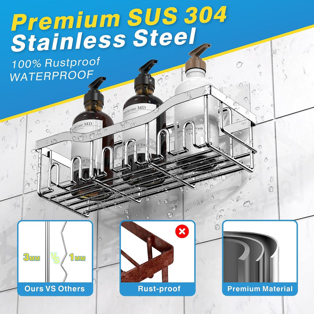 EUDELE 5-Pack Rustproof Stainless Steel Shower Caddy – No Drill Adhesive Bathroom Organizer with