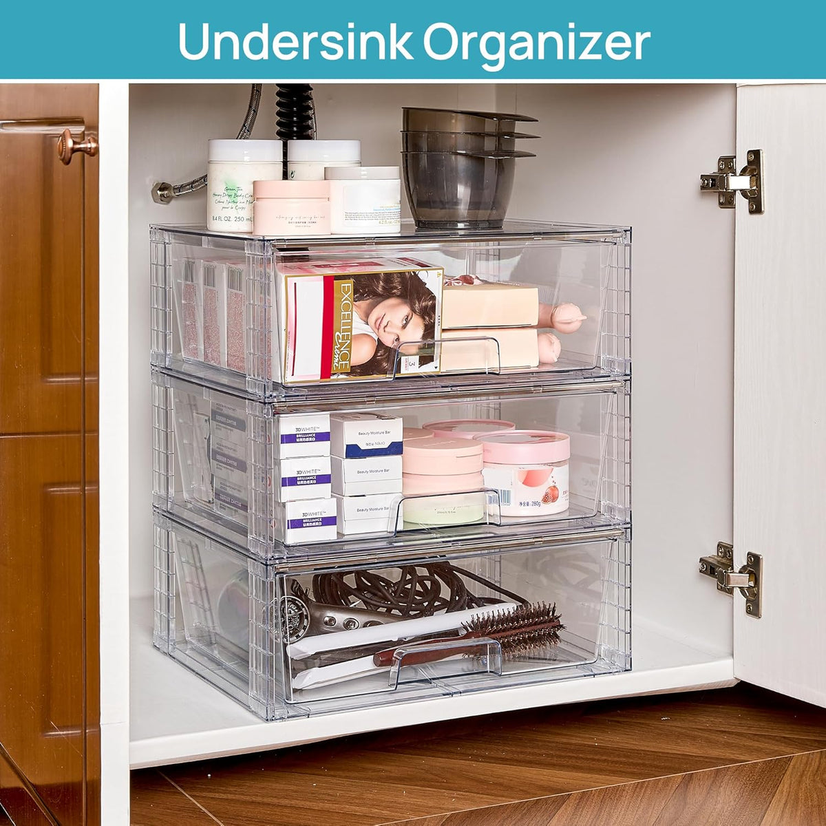 Vtopmart 4 Pack Large Stackable Storage Drawers,Easily Assemble Acrylic Bathroom Closet Undersink