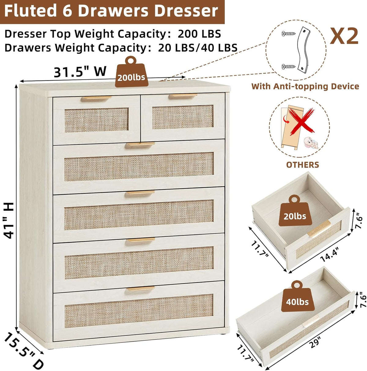 LEYAOYAO White Dresser for Bedroom, 42" Tall Chest of Drawers, Modern 6 Drawers Boho Rattan