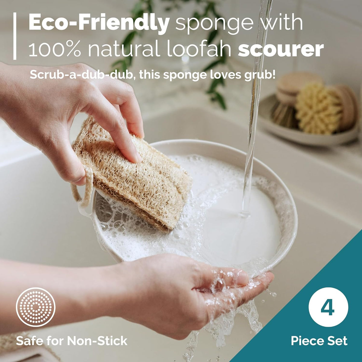 Jungle Culture Eco Sponge Set of 4 • Eco Friendly Natural Dishwashing Sponges • Non-Scratch