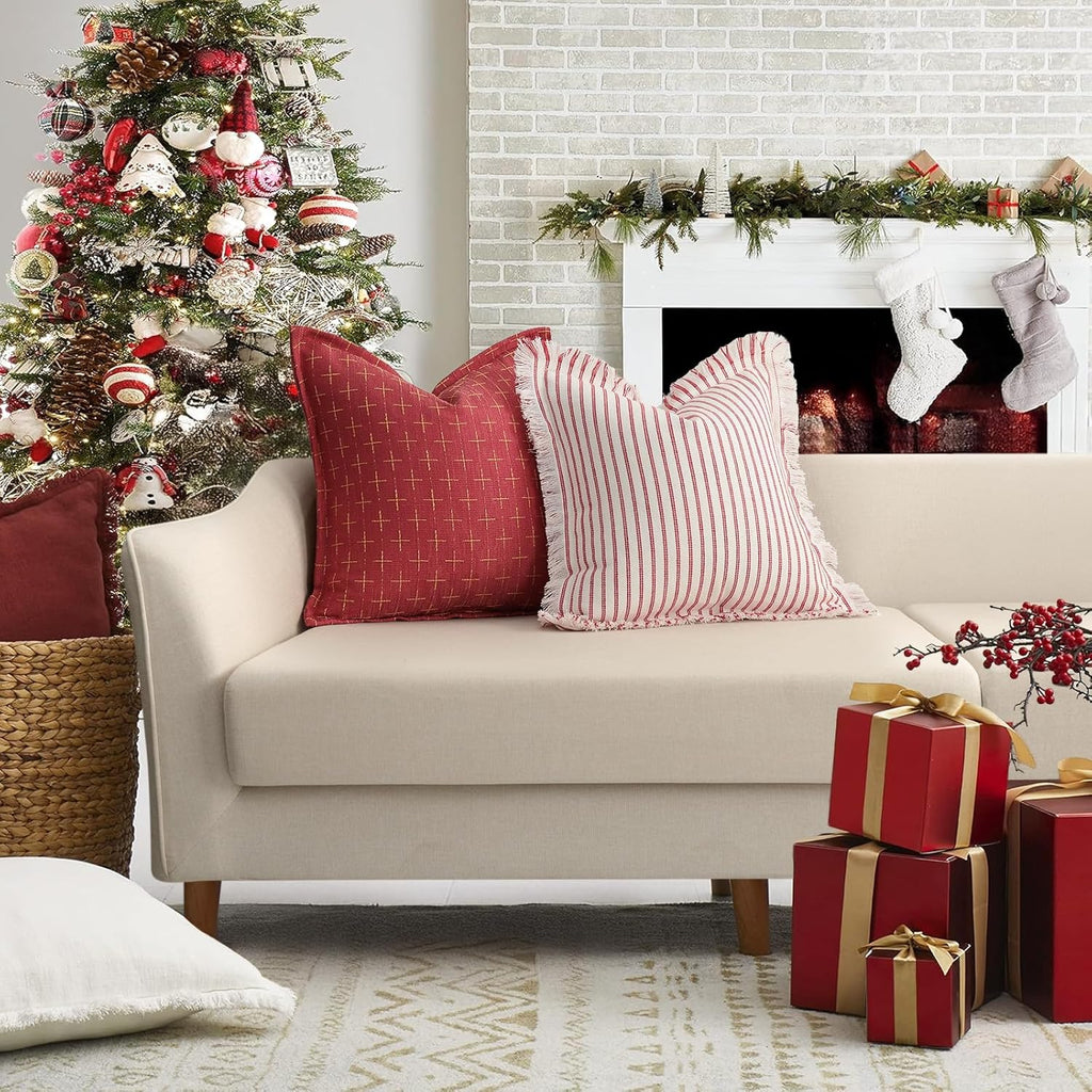 ZWJD Christmas Pillow Covers 26x26 Set of 2 Soft Polyester Textured Red Pillows with Stylish Flange