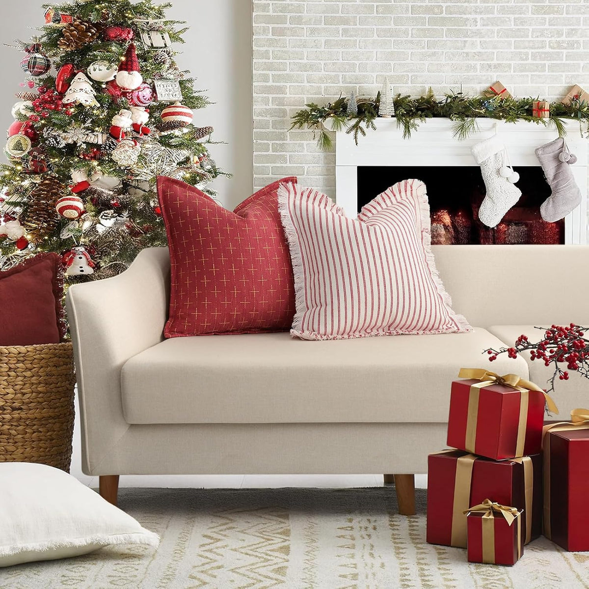 ZWJD Christmas Pillow Covers 24x24 Set of 2 Soft Polyester Textured Red Pillows with Stylish Flange