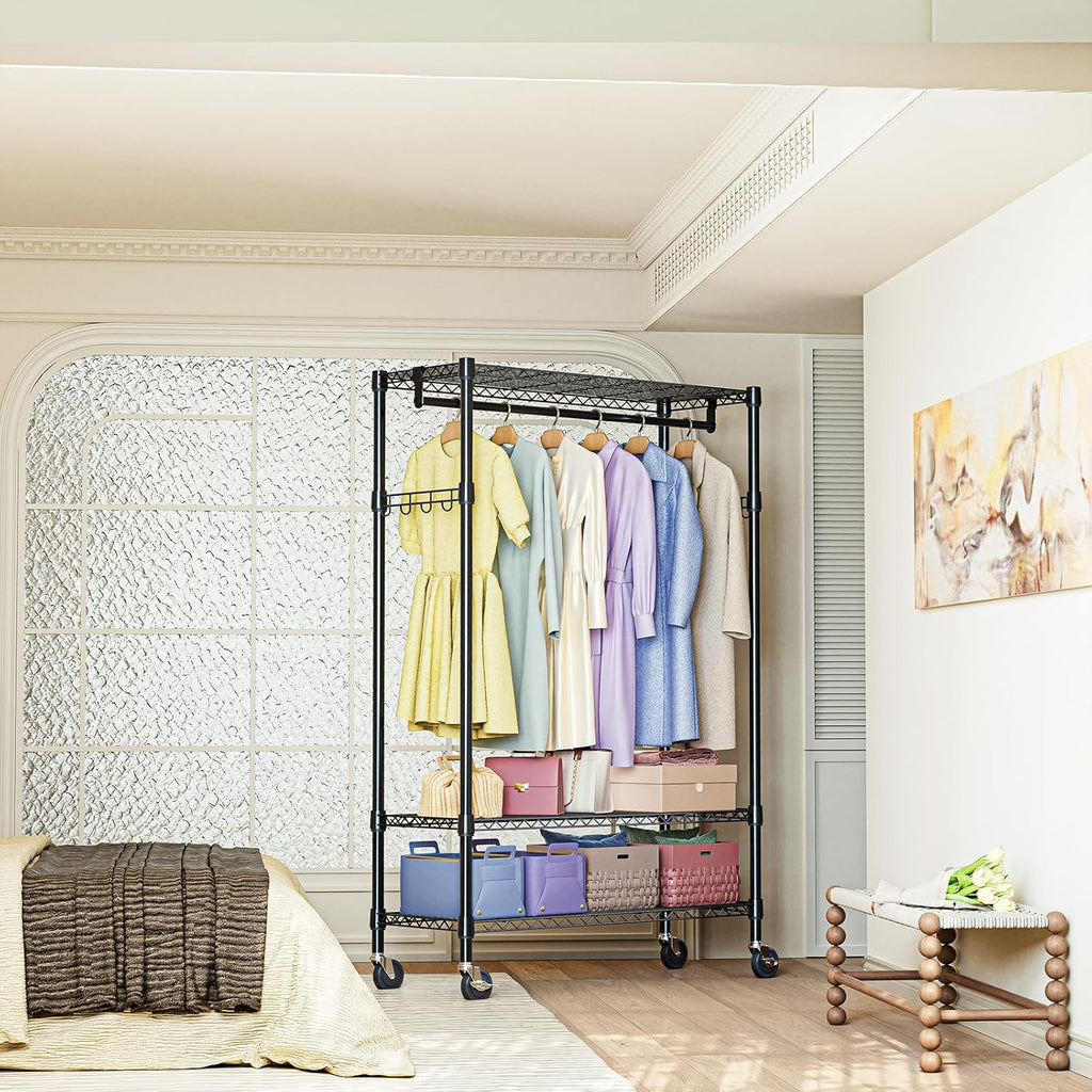 IZEUK Heavy Duty Rolling Garment Rack with 3 Adjustable Wire Shelves, 2 Hanging Rods & Side Hooks
