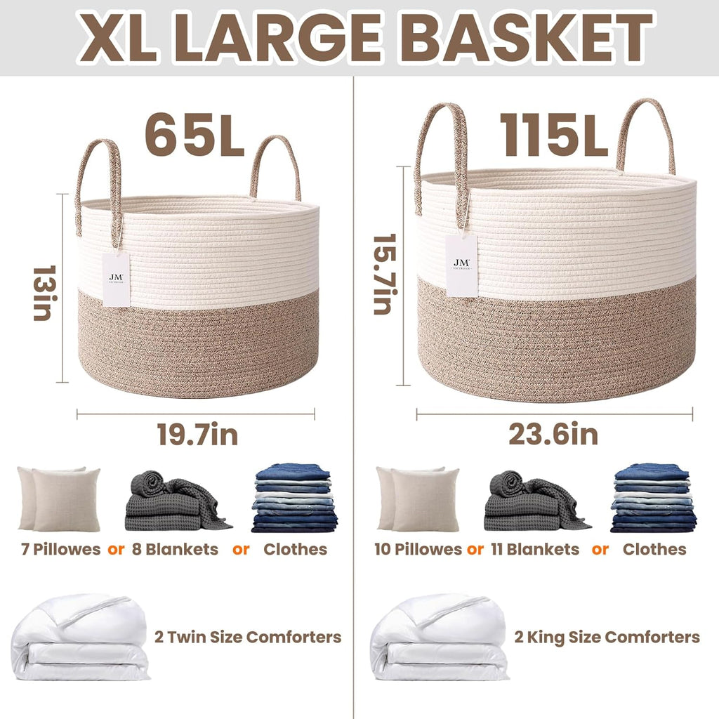 Woven Blanket Basket,115L Large Rope Storage Bin with Handles, Organizer for Blankets Toys Book and