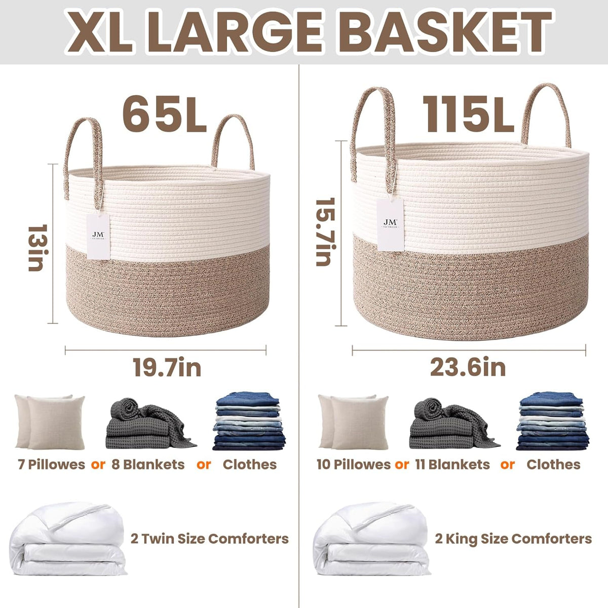 Woven Blanket Basket,115L Large Rope Storage Bin with Handles, Organizer for Blankets Toys Book and