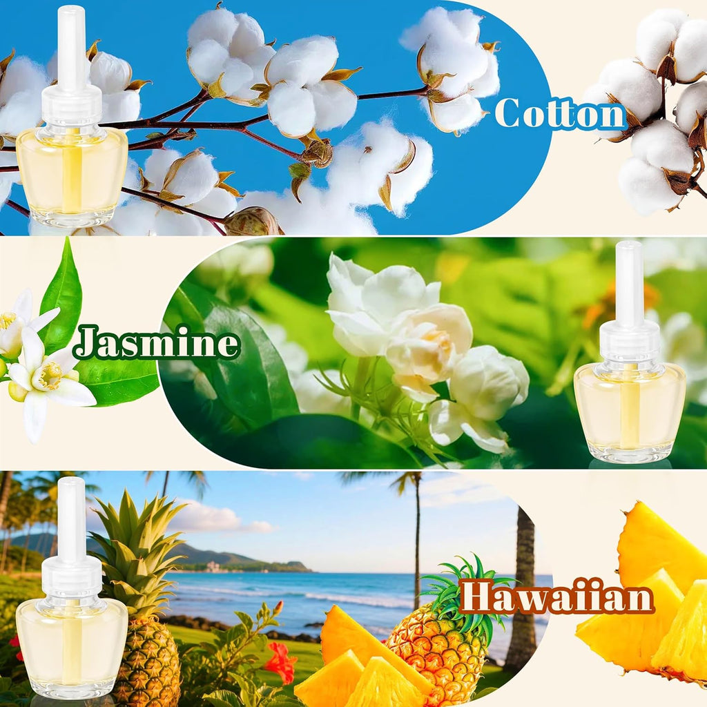 Plug-in Air Freshener Starter Kit, 1 Warmer and 9 Essential Oil Refills, Hawaiian, Jasmine, Cotton