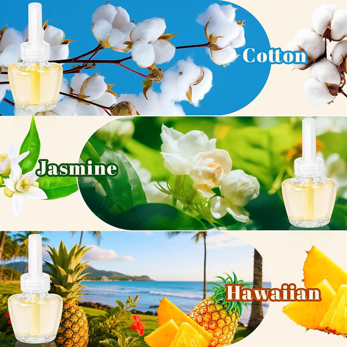 Plug in Air Fresheners Refills, Essential Oil Scented Refill with 2 Warmer, Jasmine, Hawaiian