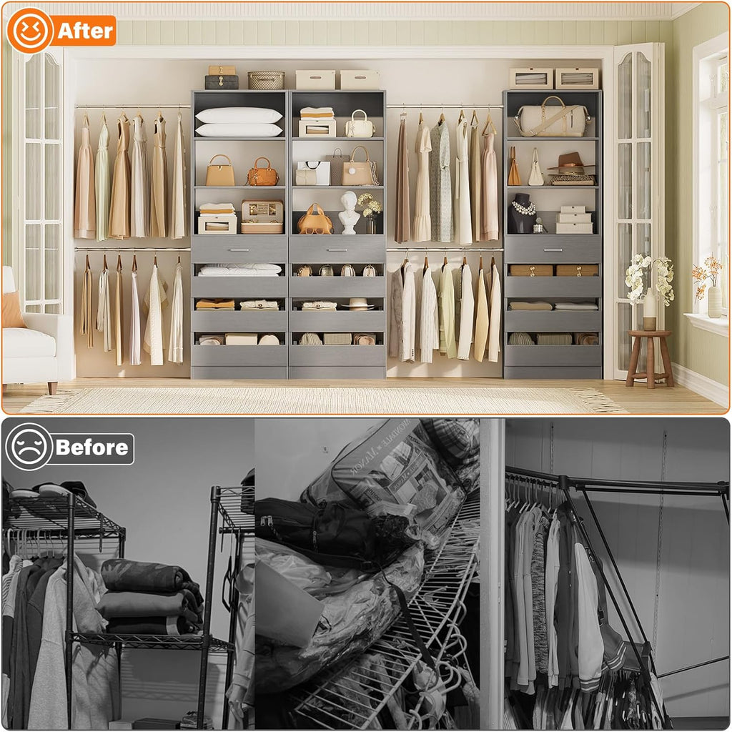 Aheaplus Closet System with 12 Drawers, 8.5-11.5Ft Wood Closet Organizer System with 4 Hanging Rods