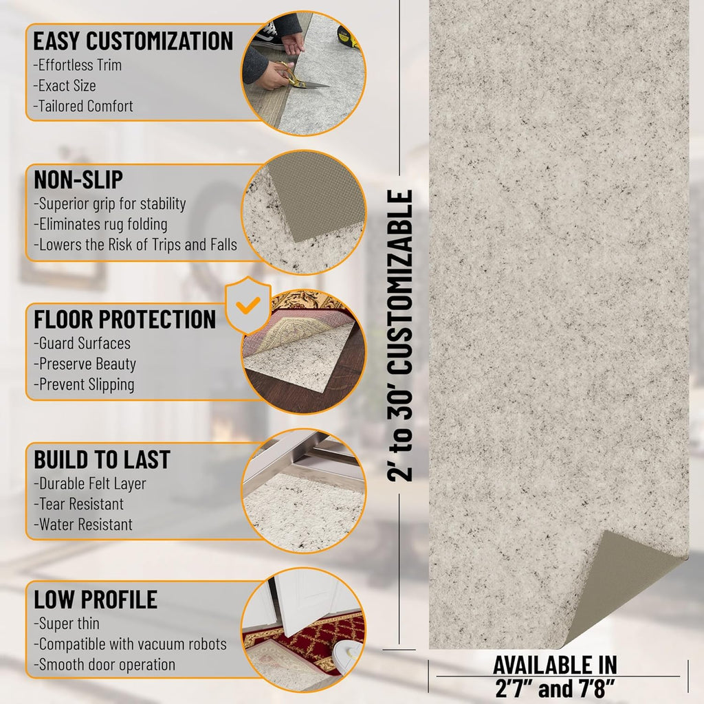 Ottomanson 6' x 7'8" Non-Slip Rug Pad Gripper 1/12 Inch Ultra Thin Dual Surface Felt + Rubber