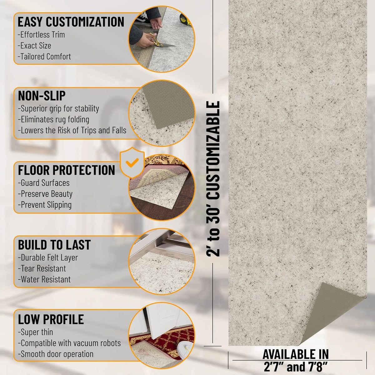 Ottomanson 7'8" x 11' Non-Slip Rug Pad Gripper 1/12 Inch Ultra Thin Dual Surface Felt + Rubber