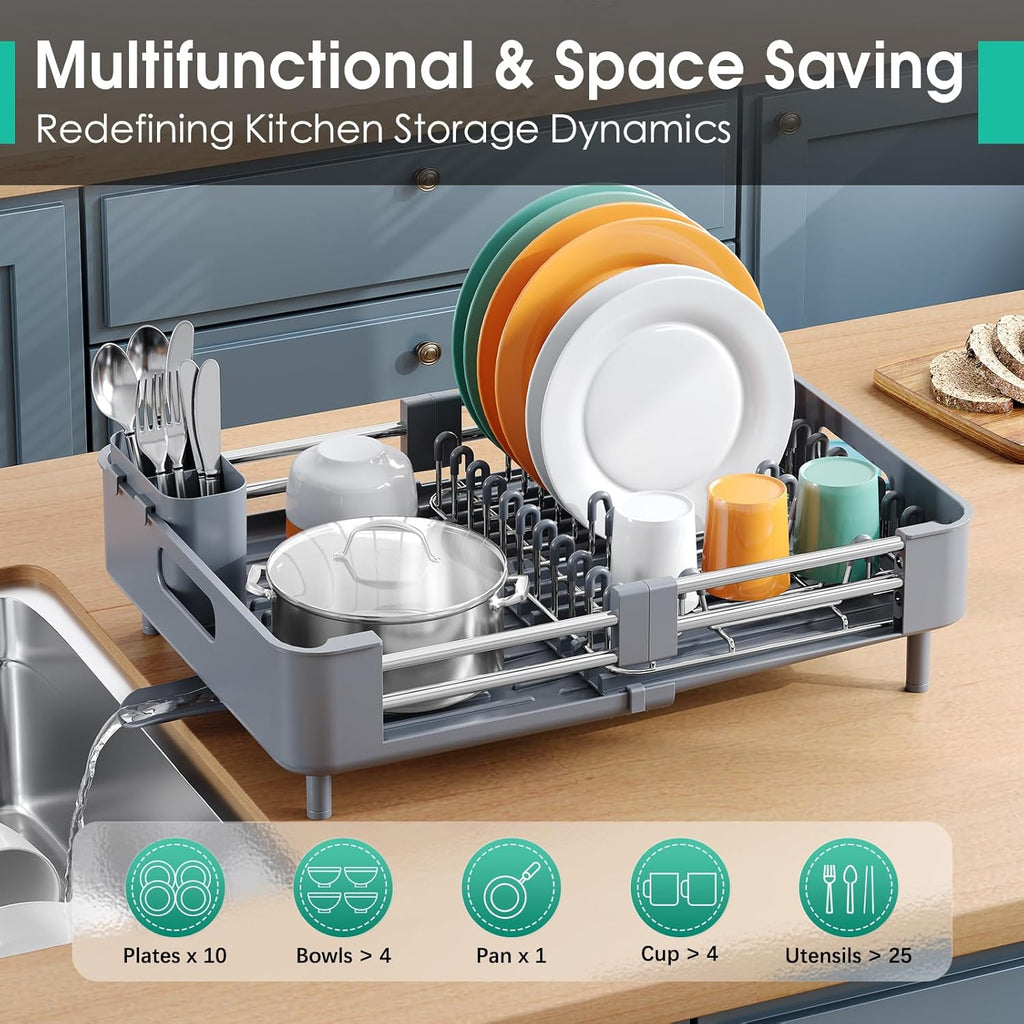 Dish Drying Rack for Kitchen Counter, Extendable Dish Rack with Drainboard, Expandable Dish