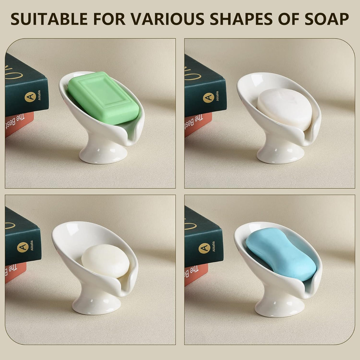 Soap Dish, Self Draining Bar Soap Holder for Bathroom Sink, Leaf-Shaped Drainage Ceramic Cream