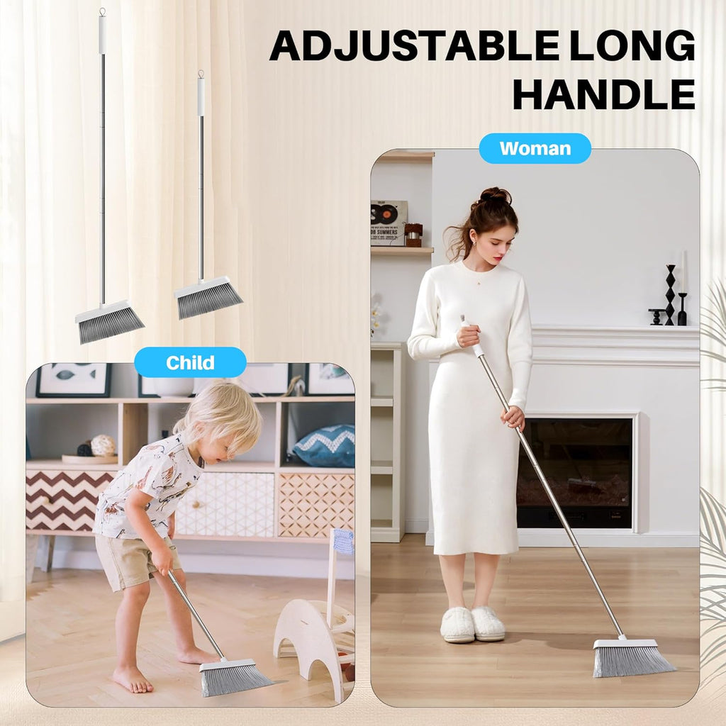 JOYMOOP 2 Pack Broom and Dustpan Set, Black and White Combo, Upright Angle with Built-in Comb Teeth