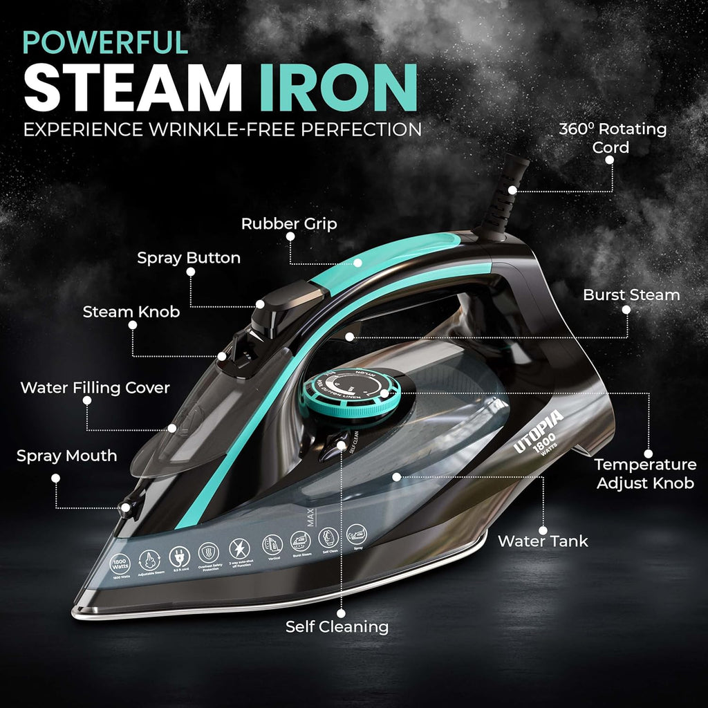 Utopia Home Steam Iron for Clothes - Non-Stick Soleplate - 1800W Clothes Iron With Auto-Off Safety
