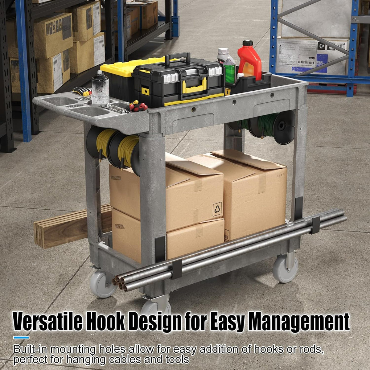 2 Tier Plastic Rolling Cart Utility Cart on Wheels, Heavy Duty Tool Carts with Ergonomic Storage
