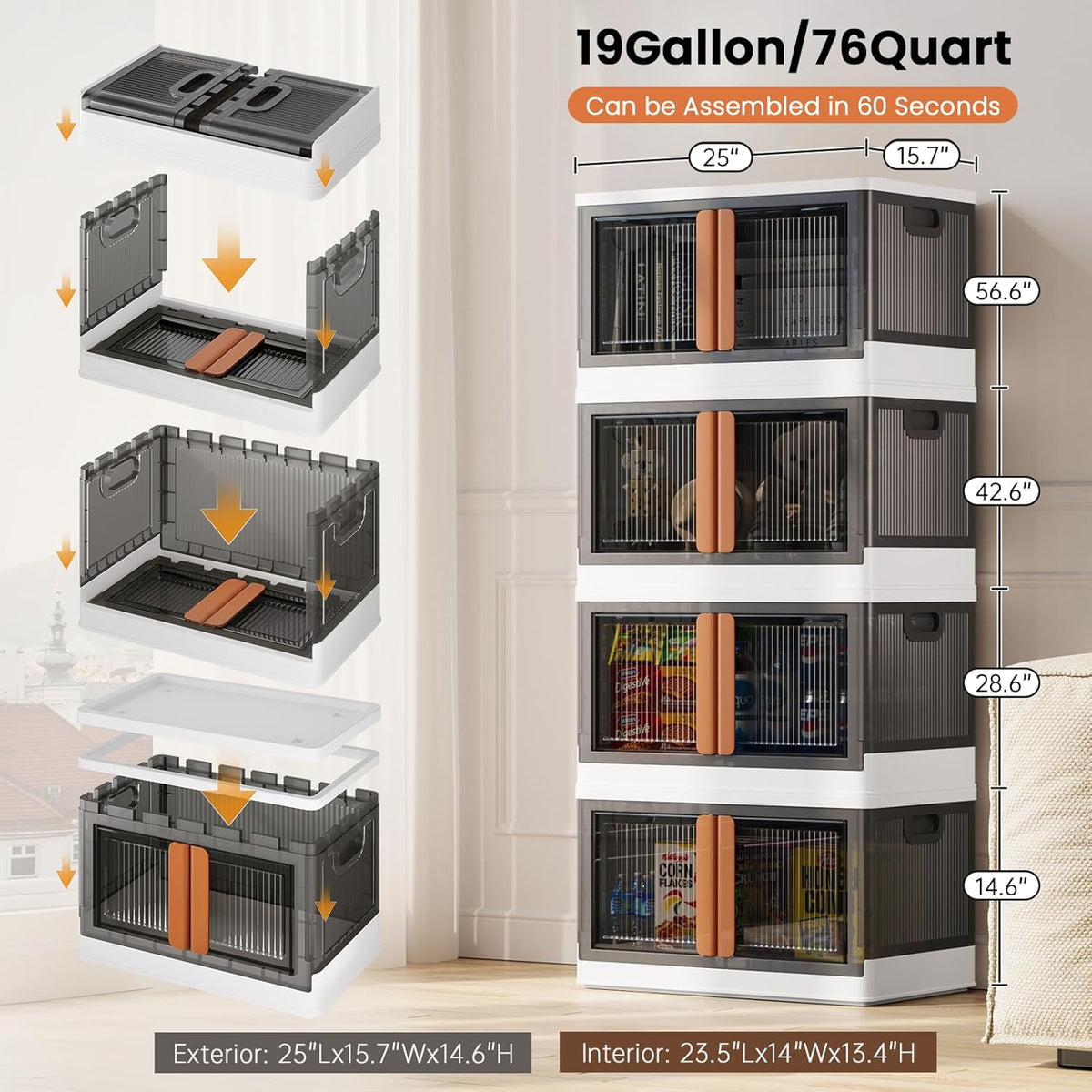 19Gal Collapsible Storage Bins with Lids & Wheels - 4 Pack Stackable with Doors, Heavy-Duty Plastic