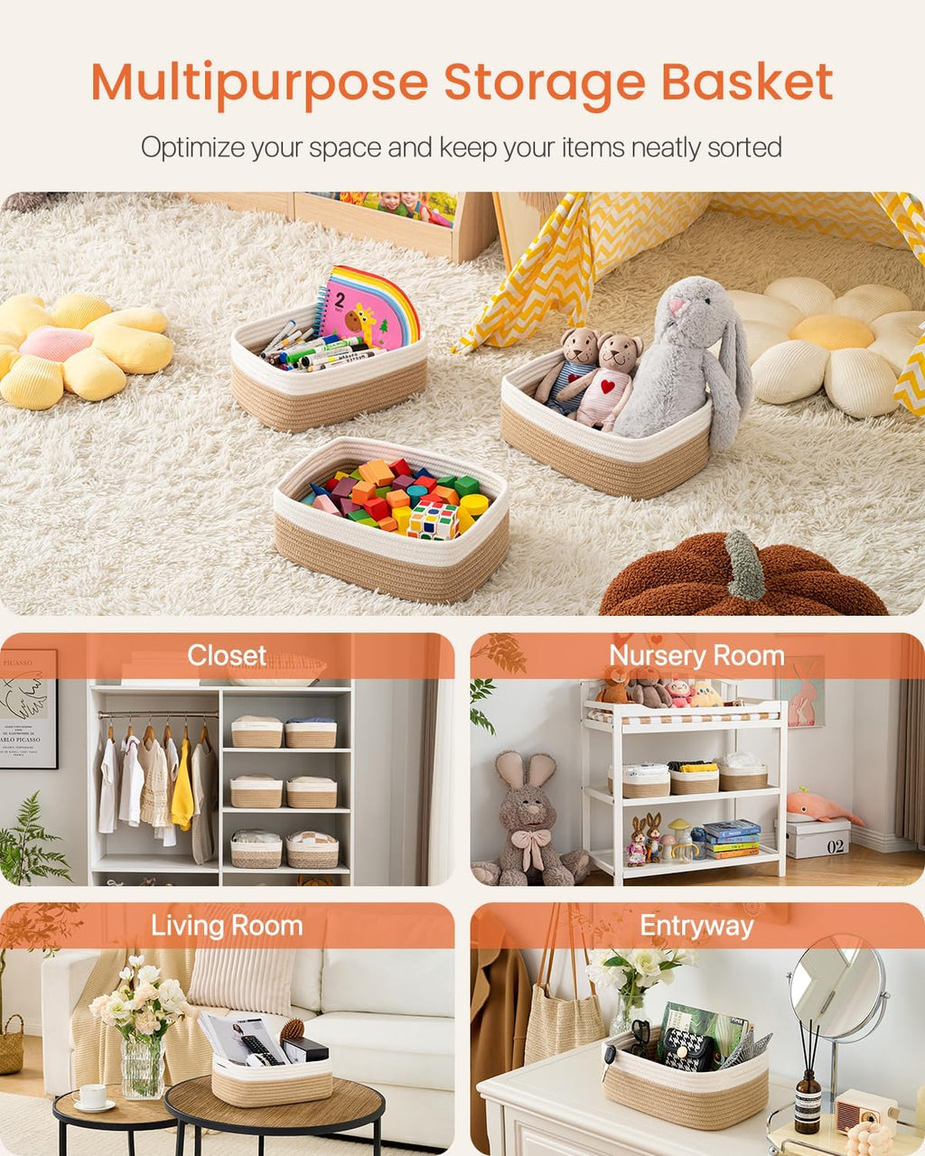 Small Woven Basket, 13.5 x 9.5 x 5 Inches, Storage Basket for Organizing, Cute Small Rope Shelf