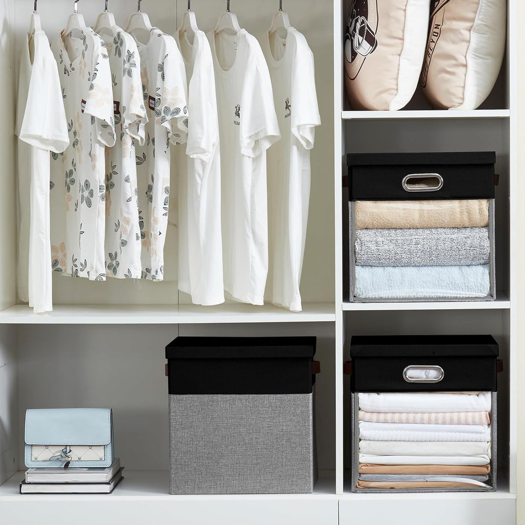 Fabric Storage Cubes with Clear Windows and Lids 11'' Foldable Storage Bins with 3 Handles
