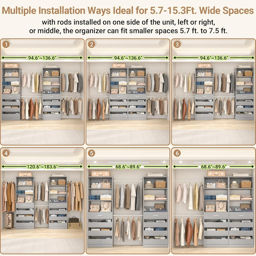 Aheaplus Closet System, 6-15Ft Closet Organizer with 8 Wooden Drawers, Wood Closet Organizer System