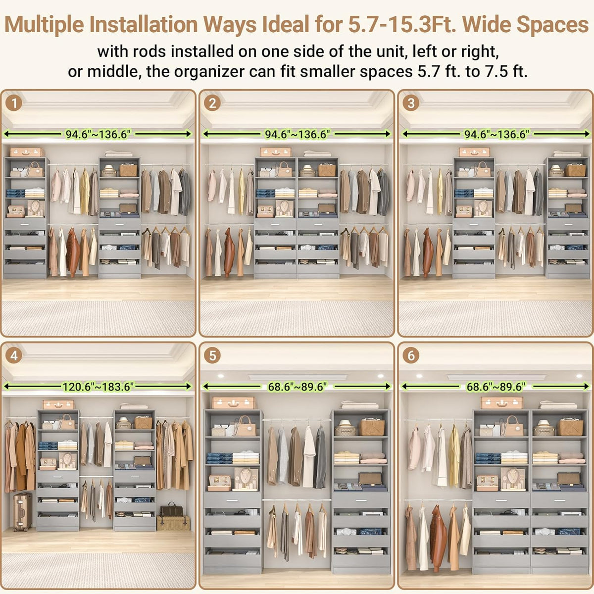Aheaplus Closet System, 6-15Ft Closet Organizer with 8 Wooden Drawers, Wood Closet Organizer System