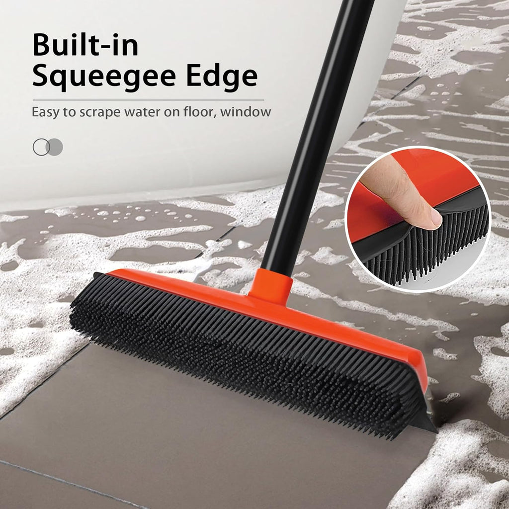 JEHONN Rubber Broom Carpet Rake Brush for Pet Hair with Squeegee, 52.8 inches Long Handle Silicone