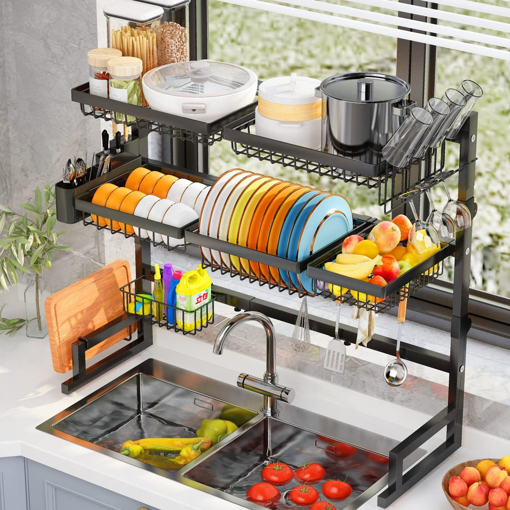 Over Sink Dish Drying Rack (Expandable Height/Length) Snap-On Design Large Dish Drainer Storage