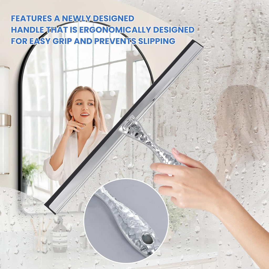 12" Silver Shower Squeegee with Hammered Handle & Waterproof Hook for Glass Doors, Silicone