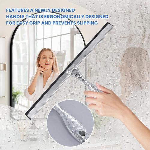 12" Silver Shower Squeegee with Hammered Handle & Waterproof Hook for Glass Doors, Silicone