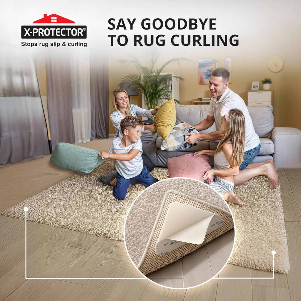 X-Protector Rug Tape - 12 Pcs Set - White Anti-Slip & Anti-Curling Carpet Tape for Hard Floors
