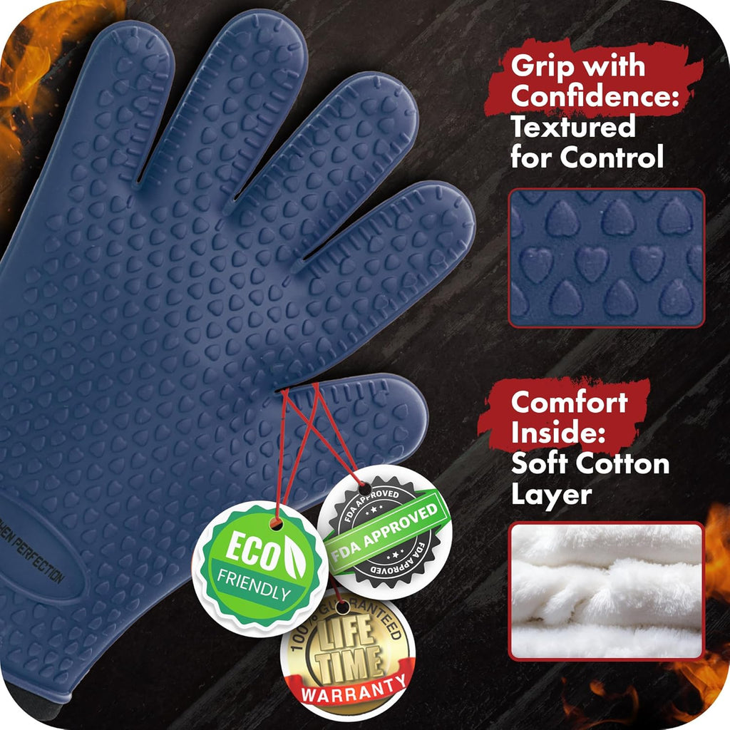 KITCHEN PERFECTION XL Silicone Smoker Oven Gloves-Extreme Heat Resistant BBQ Gloves-Handle Hot Food